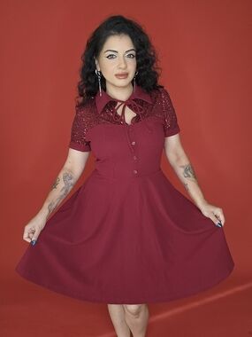 Unique Vintage Wine Sequin Yoke Fit & Flare Midi Dress
